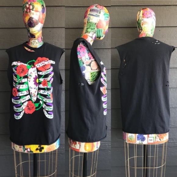 Costume Baldor Rose Thorns Floral Ribs Distressed Muscle Tank Tee - Picture 5 of 9